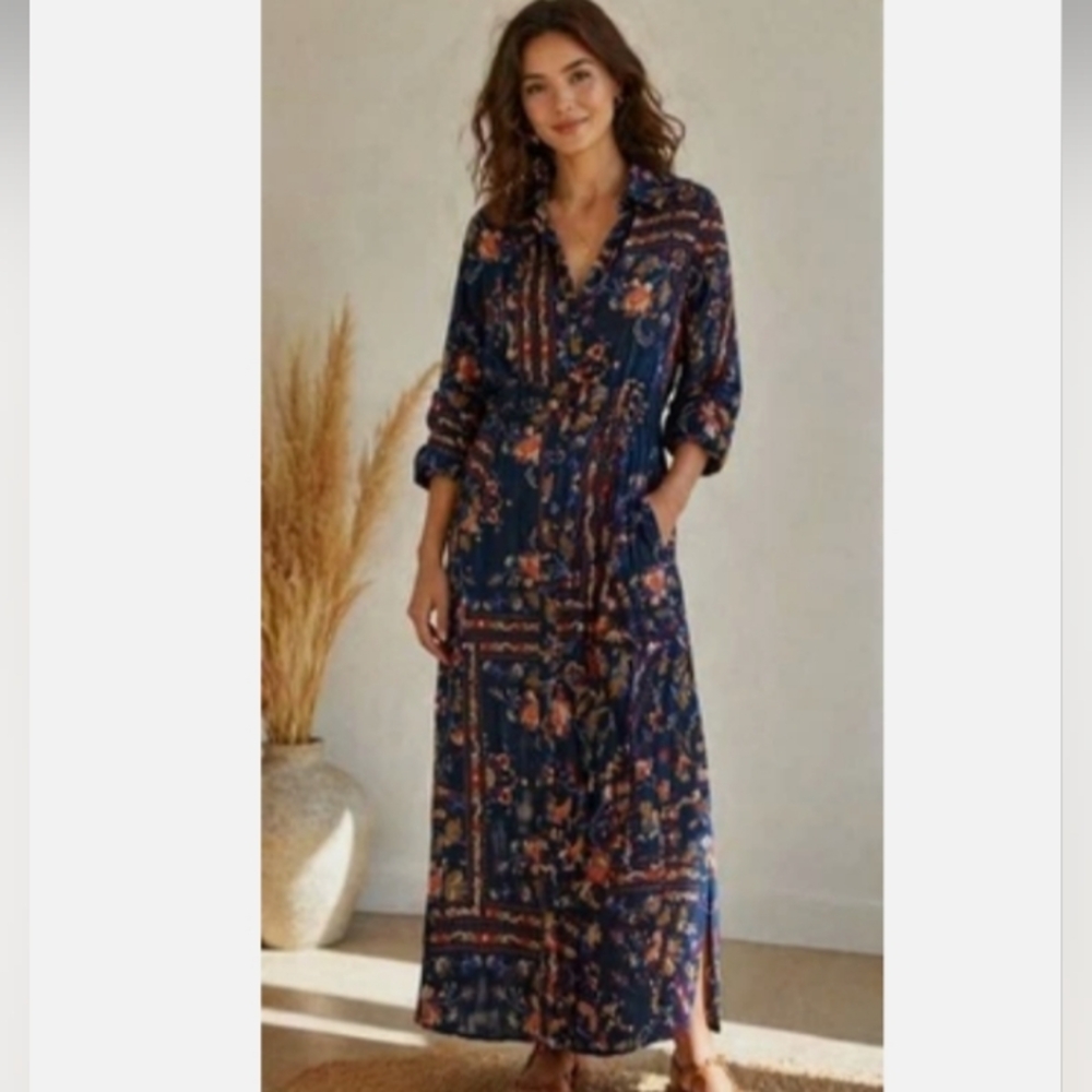 Avara Effie Floral Boho Pattern Long Maxi Dress Navy Blue Silhouette XL